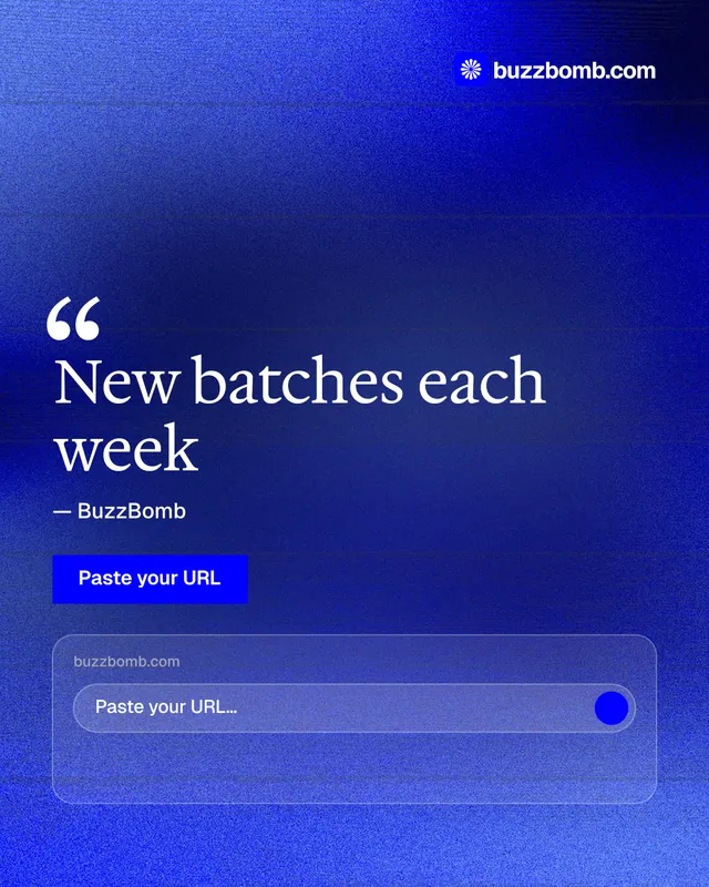 Instagram portrait post for BuzzBomb: "New batches each week". Swiss style, quote layout, dark palette in blue.