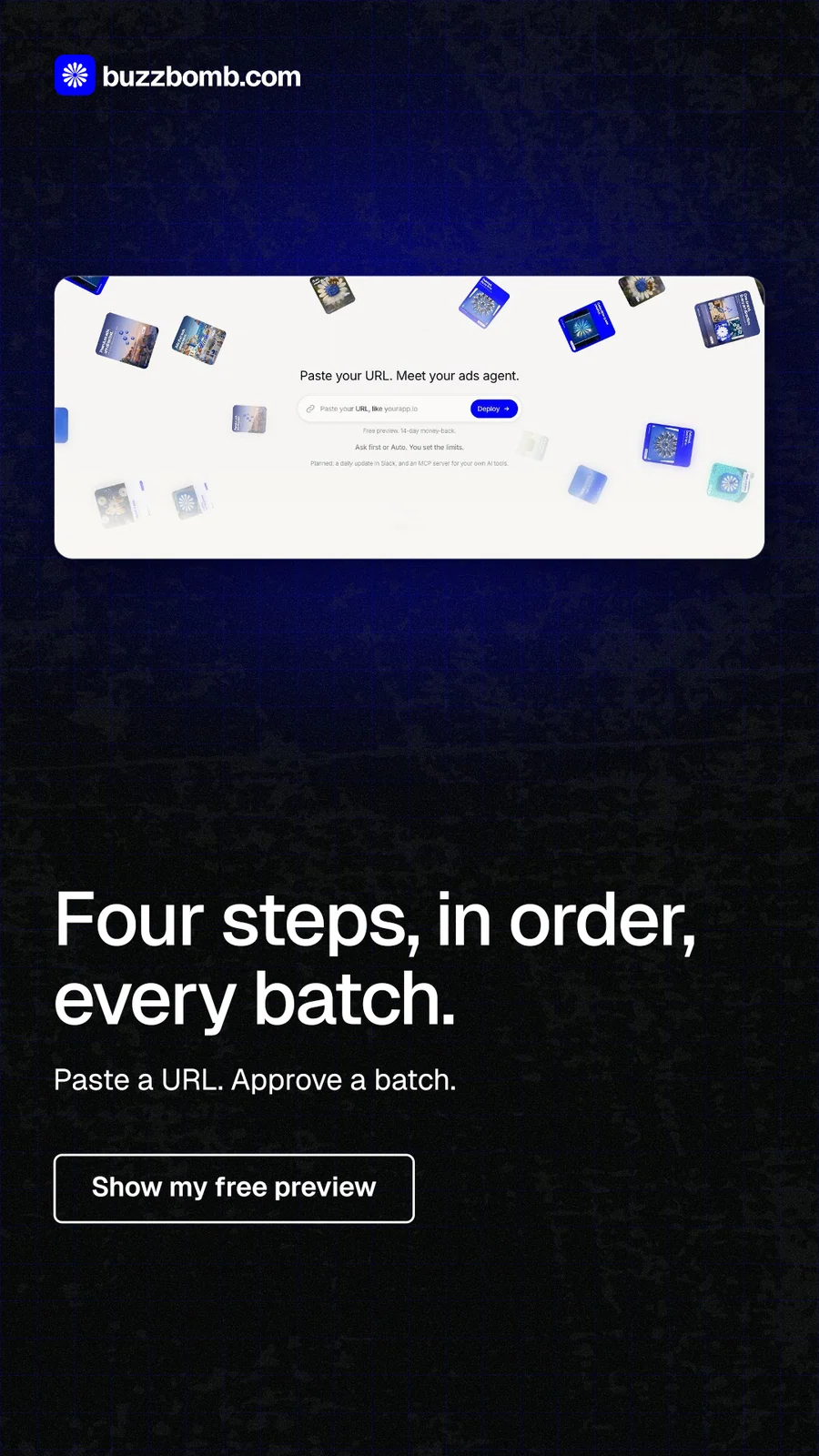 Instagram story for BuzzBomb: "Four steps, in order, every batch." Phosphor atlas style, bottom layout, dark palette in black, white, grey.