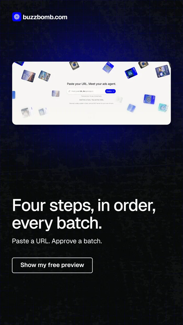Instagram story for BuzzBomb: "Four steps, in order, every batch." Phosphor atlas style, bottom layout, dark palette in black, white, grey.