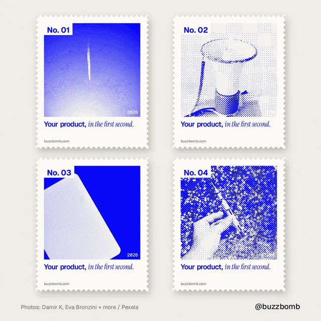 Instagram post for BuzzBomb: "Your product, in the first second." Sheet style, technique:stamp series layout, light palette in white, blue.