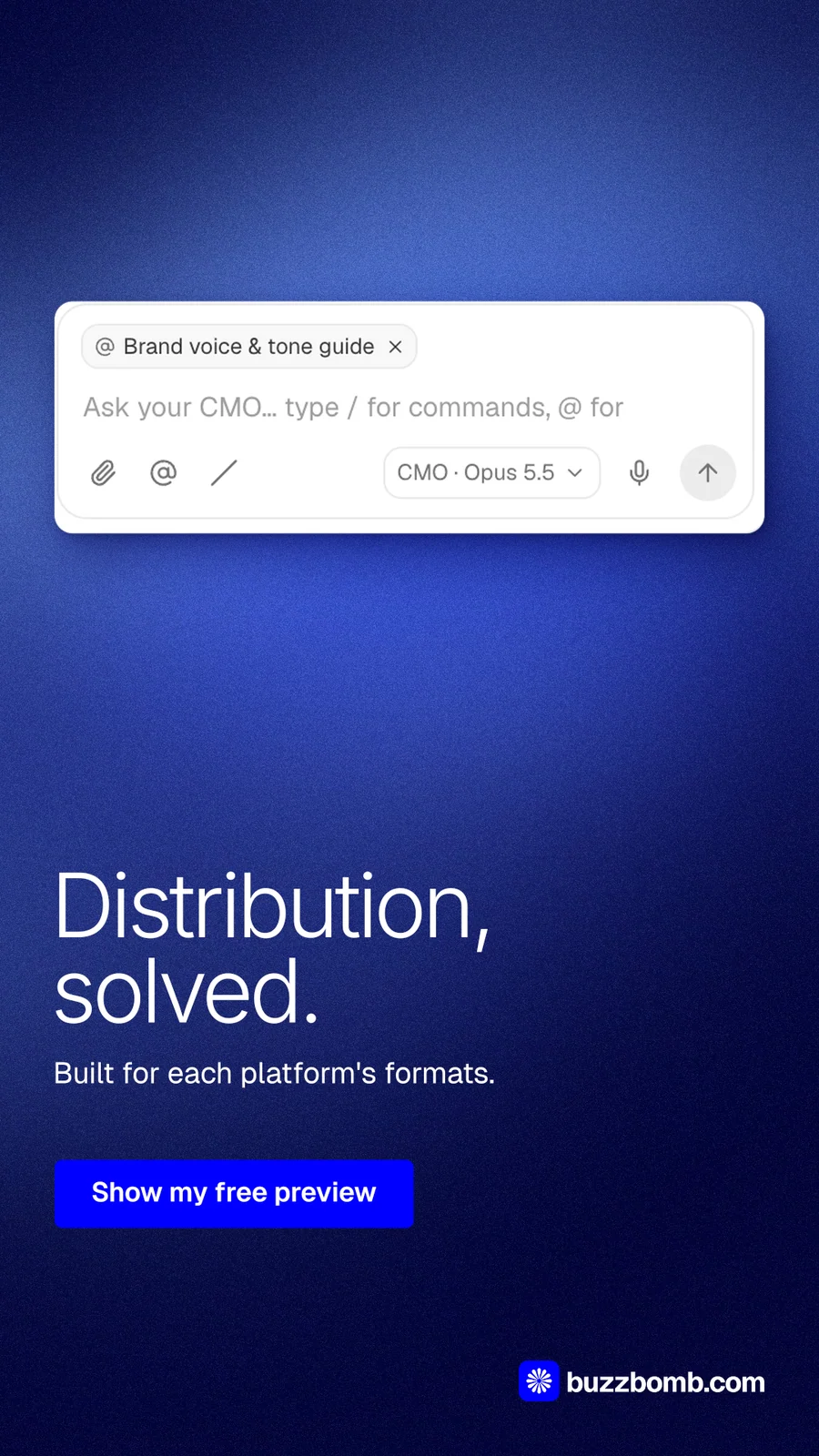 Instagram story for BuzzBomb: "Distribution, solved." Chapter split style, bottom layout, dark palette in blue, white.