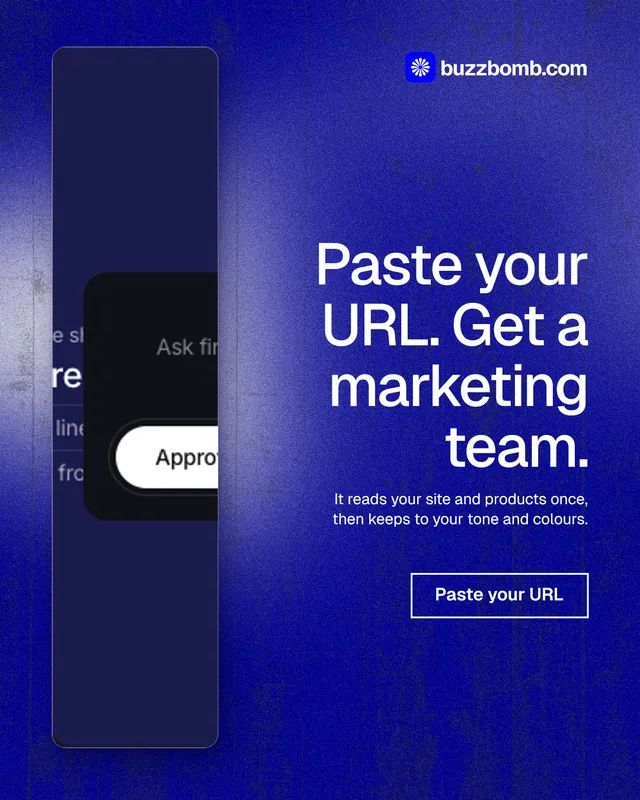 Instagram portrait post for BuzzBomb: "Paste your URL. Get a marketing team." Cyanotype style, right layout, dark palette in blue.