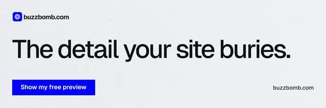 X header for BuzzBomb: "The detail your site buries." Swiss style, poster layout, light palette in white, blue.