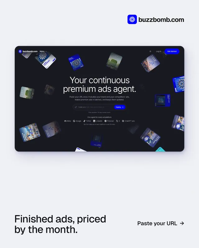 Instagram portrait post for BuzzBomb: "Finished ads, priced by the month." Swiss style, image led layout, light palette in white, black, grey.