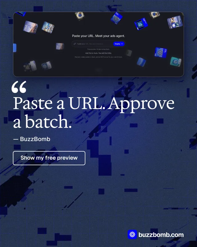 Instagram portrait post for BuzzBomb: "Paste a URL. Approve a batch." Phosphor atlas style, quote layout, dark palette in blue.