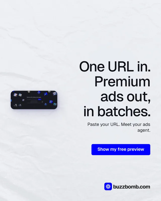 Instagram portrait post for BuzzBomb: "One URL in. Premium ads out, in batches." Data card style, right layout, light palette in white, blue.