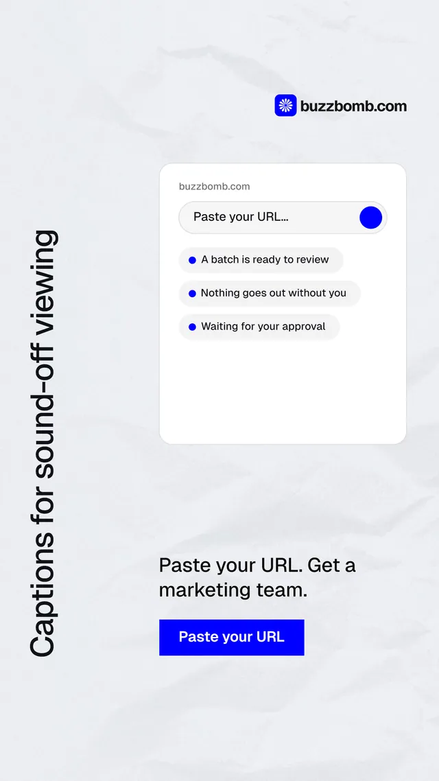 Instagram story for BuzzBomb: "Captions for sound-off viewing". Swiss style, vertical layout, light palette in white, blue.
