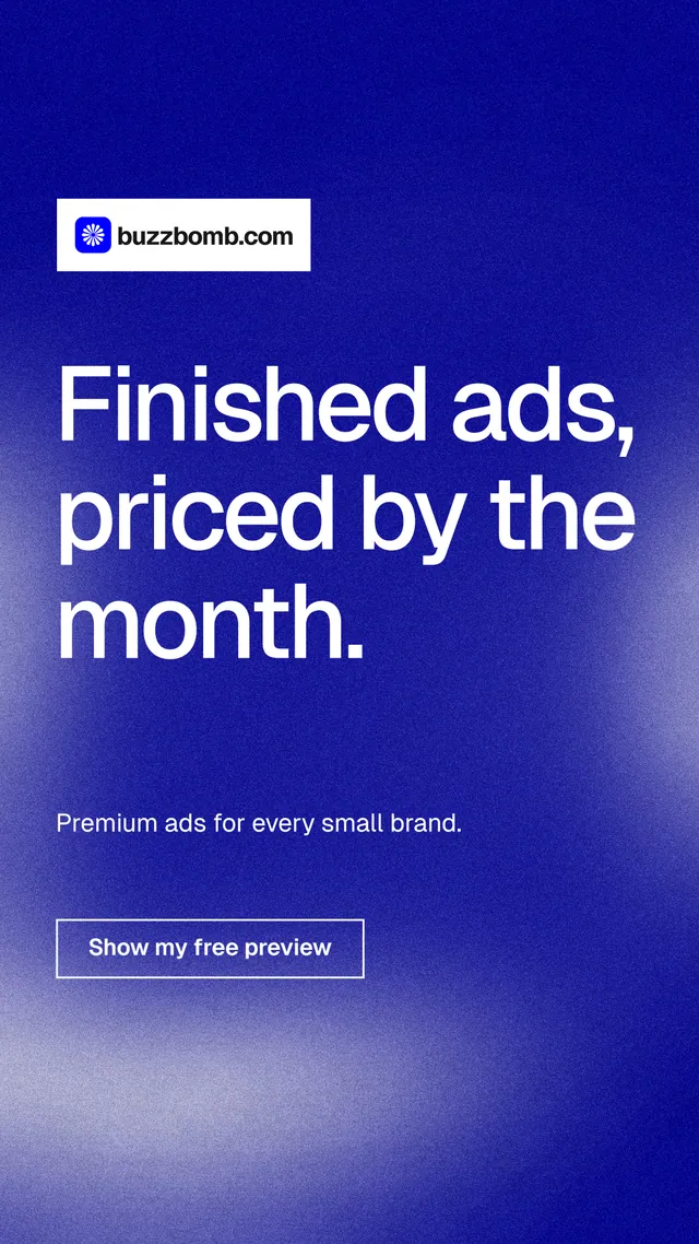 Instagram story for BuzzBomb: "Finished ads, priced by the month." Cyanotype style, announce layout, dark palette in blue.