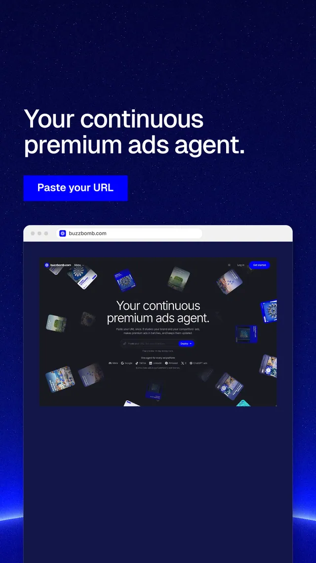 Instagram story for BuzzBomb: "Your continuous premium ads agent." Swiss style, browser layout, dark palette in blue, grey.