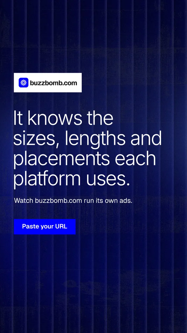 Instagram story for BuzzBomb: "It knows the sizes, lengths and placements each platform uses." Swiss style, announce layout, dark palette in blue, black.