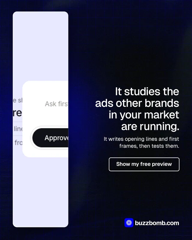 Instagram portrait post for BuzzBomb: "It studies the ads other brands in your market are running." Phosphor atlas style, right layout, dark palette in black, white, blue.
