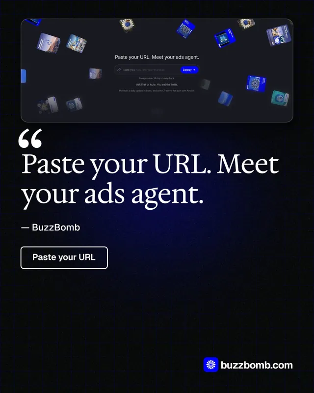 Instagram portrait post for BuzzBomb: "Paste your URL. Meet your ads agent." Phosphor atlas style, quote layout, dark palette in black, grey.