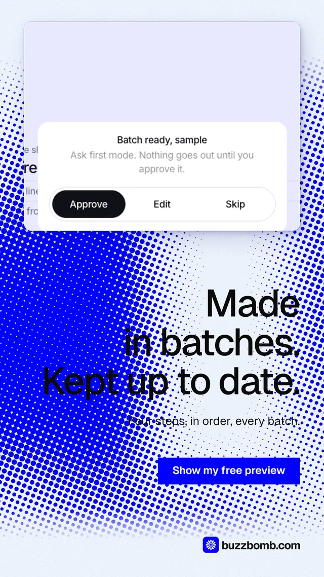 Instagram story for BuzzBomb: "Made in batches. Kept up to date." Swiss style, right layout, light palette in white, blue.