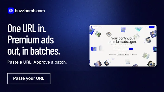 Landscape graphic for BuzzBomb: "One URL in. Premium ads out, in batches." Dark deco style, bottom layout, dark palette in black, blue, grey.