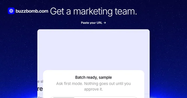 Social ad for BuzzBomb: "Get a marketing team." Swiss style, ogui layout, light palette in blue, white.