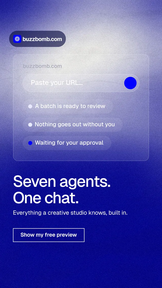 Instagram story for BuzzBomb: "Seven agents. One chat." Cyanotype style, bottom layout, dark palette in blue.