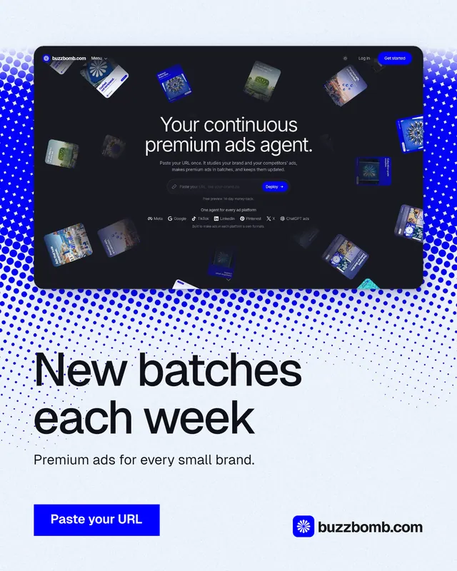Instagram portrait post for BuzzBomb: "New batches each week". Swiss style, bottom layout, light palette in white, blue.