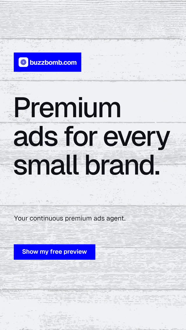 Instagram story for BuzzBomb: "Premium ads for every small brand." Swiss style, announce layout, light palette in white, blue.
