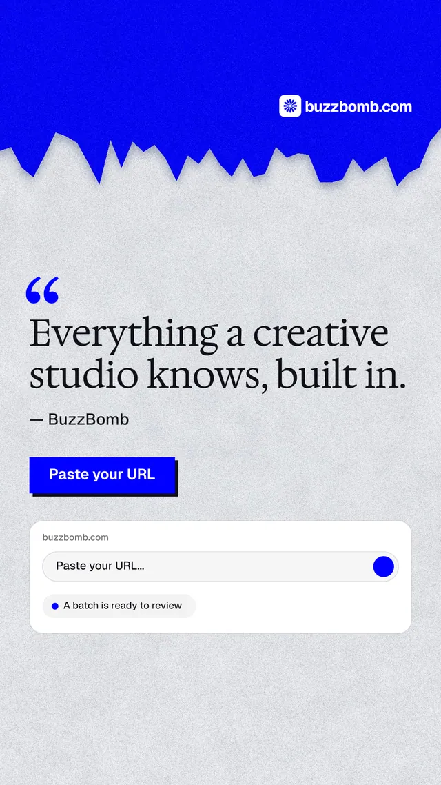 Instagram story for BuzzBomb: "Everything a creative studio knows, built in." Paper trio style, quote layout, light palette in white, blue.