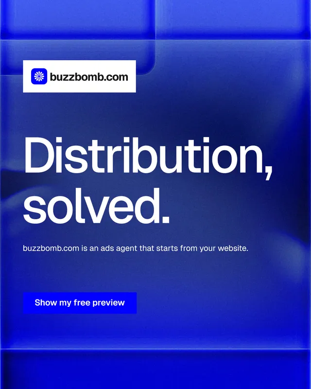 Instagram portrait post for BuzzBomb: "Distribution, solved." Swiss style, announce layout, dark palette in blue.