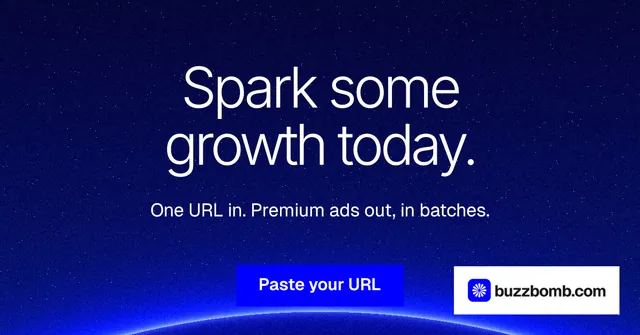 Social ad for BuzzBomb: "Spark some growth today." Swiss style, centred layout, dark palette in blue.