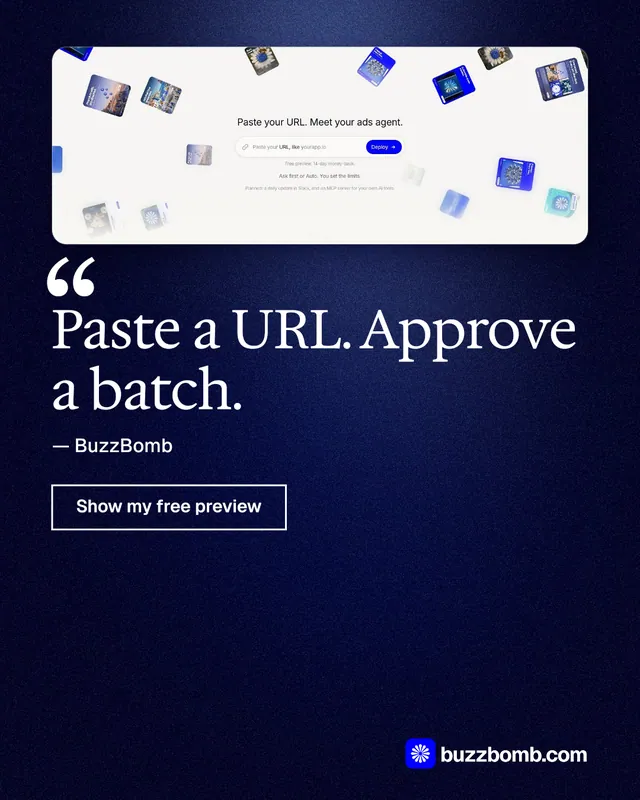 Instagram portrait post for BuzzBomb: "Paste a URL. Approve a batch." Dark deco style, quote layout, dark palette in black, white, blue.