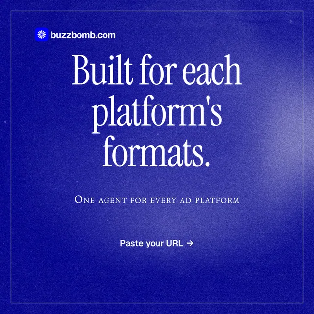Instagram post for BuzzBomb: "Built for each platform's formats." Editorial style, smallcaps layout, dark palette in blue.