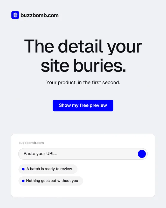 Instagram portrait post for BuzzBomb: "The detail your site buries." Data card style, centred layout, light palette in white, blue.