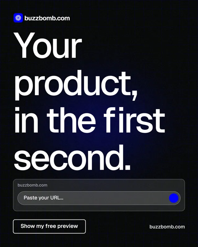 Instagram portrait post for BuzzBomb: "Your product, in the first second." Phosphor atlas style, poster layout, dark palette in black, grey.