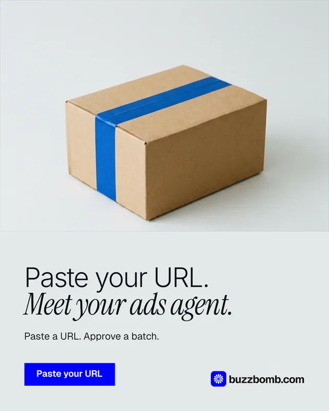 Instagram portrait post for BuzzBomb: "Paste your URL. Meet your ads agent." Swiss style, bottom layout, light palette in white, grey.