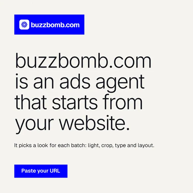 Instagram post for BuzzBomb: "buzzbomb.com is an ads agent that starts from your website." Swiss style, announce layout, light palette in white, blue.