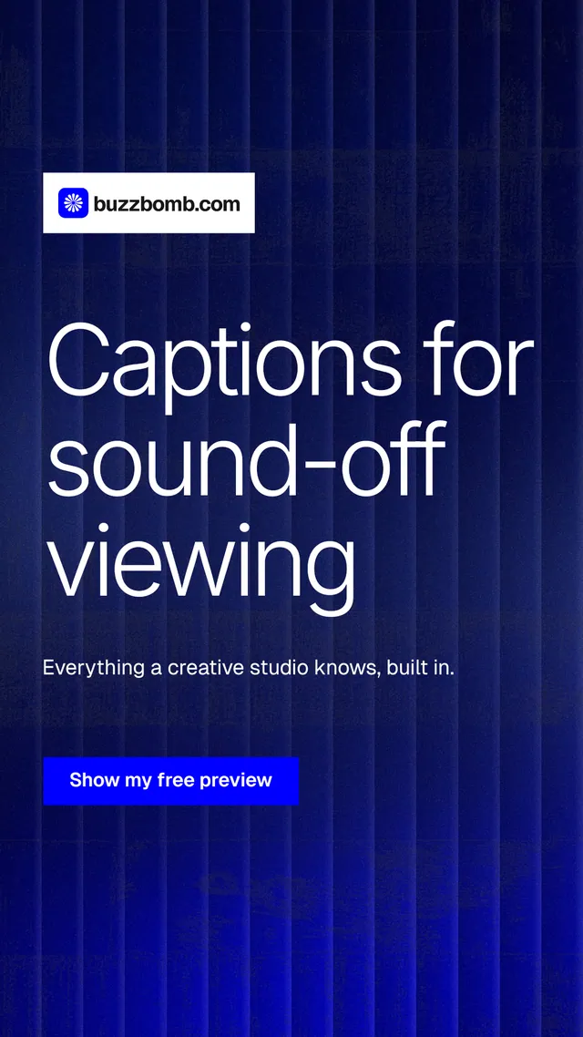 Instagram story for BuzzBomb: "Captions for sound-off viewing". Swiss style, announce layout, dark palette in blue, grey.