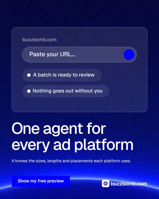 Instagram portrait post for BuzzBomb: "One agent for every ad platform". Swiss style, bottom layout, dark palette in blue.