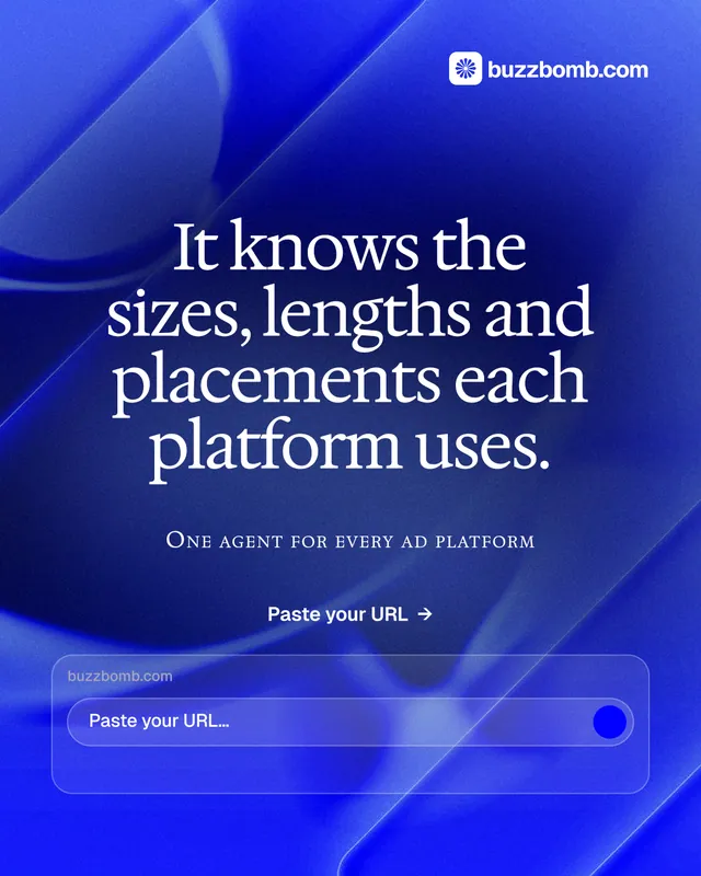Instagram portrait post for BuzzBomb: "It knows the sizes, lengths and placements each platform uses." Swiss style, smallcaps layout, dark palette in blue.