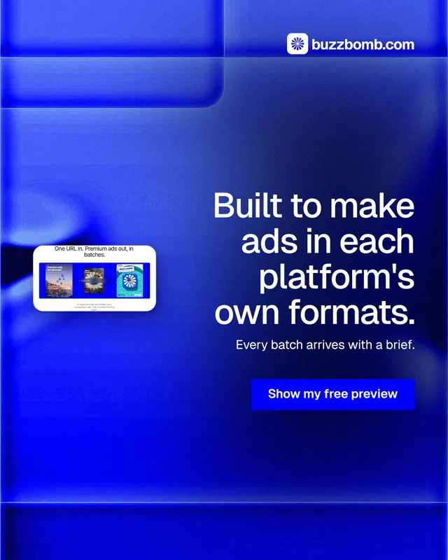 Instagram portrait post for BuzzBomb: "Built to make ads in each platform's own formats." Swiss style, right layout, dark palette in blue.
