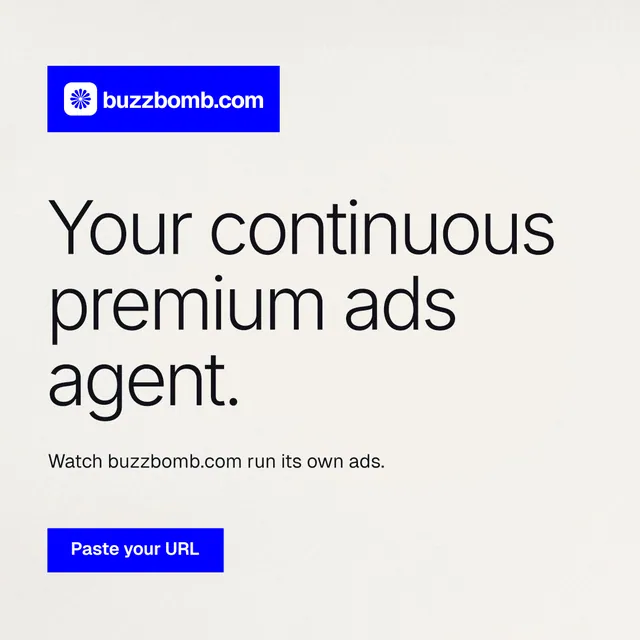 Instagram post for BuzzBomb: "Your continuous premium ads agent." Swiss style, announce layout, light palette in white, blue.