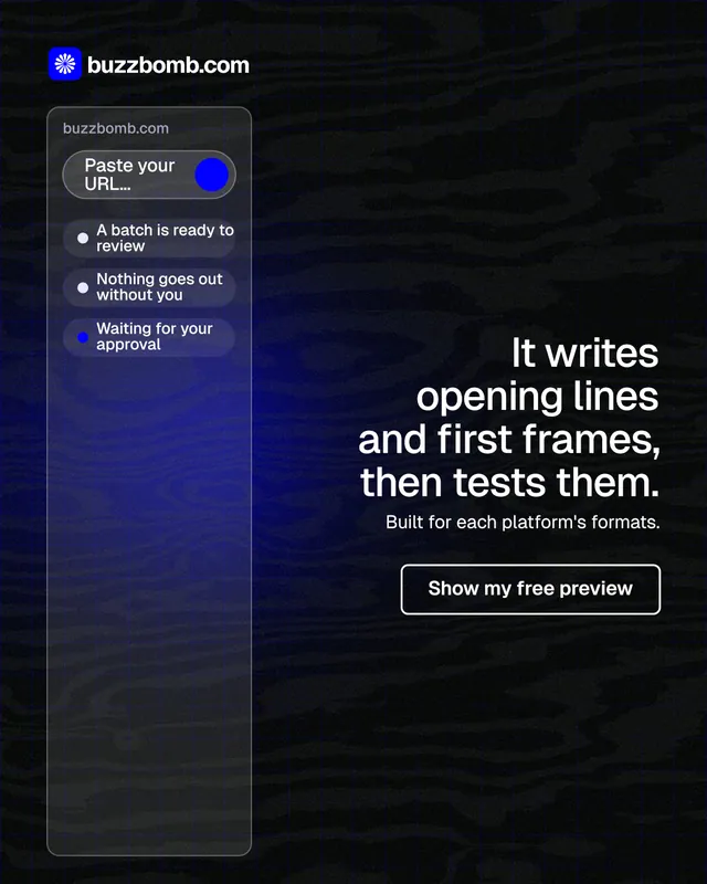 Instagram portrait post for BuzzBomb: "It writes opening lines and first frames, then tests them." Phosphor atlas style, right layout, dark palette in black, blue, grey.