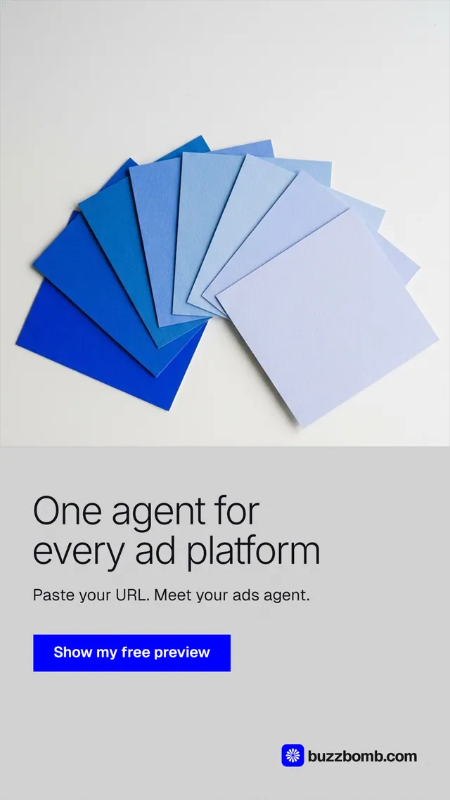 Instagram story for BuzzBomb: "One agent for every ad platform". Swiss style, bottom layout, light palette in white, blue.