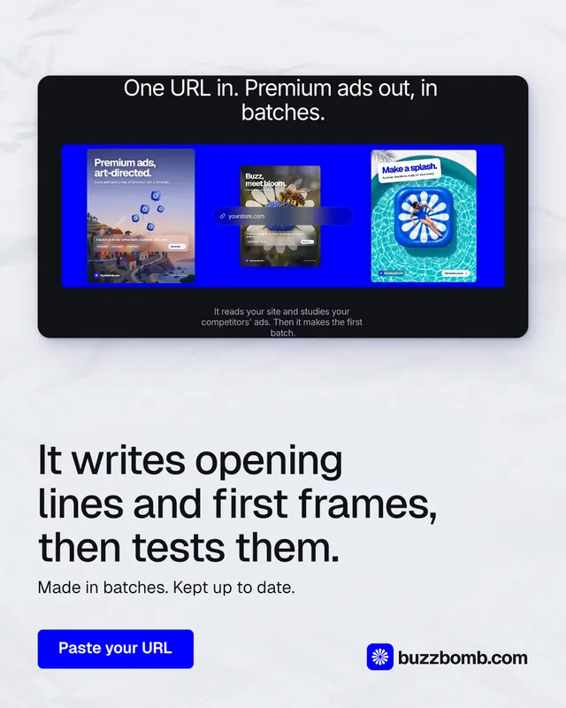 Instagram portrait post for BuzzBomb: "It writes opening lines and first frames, then tests them." Data card style, bottom layout, light palette in blue, white, grey.