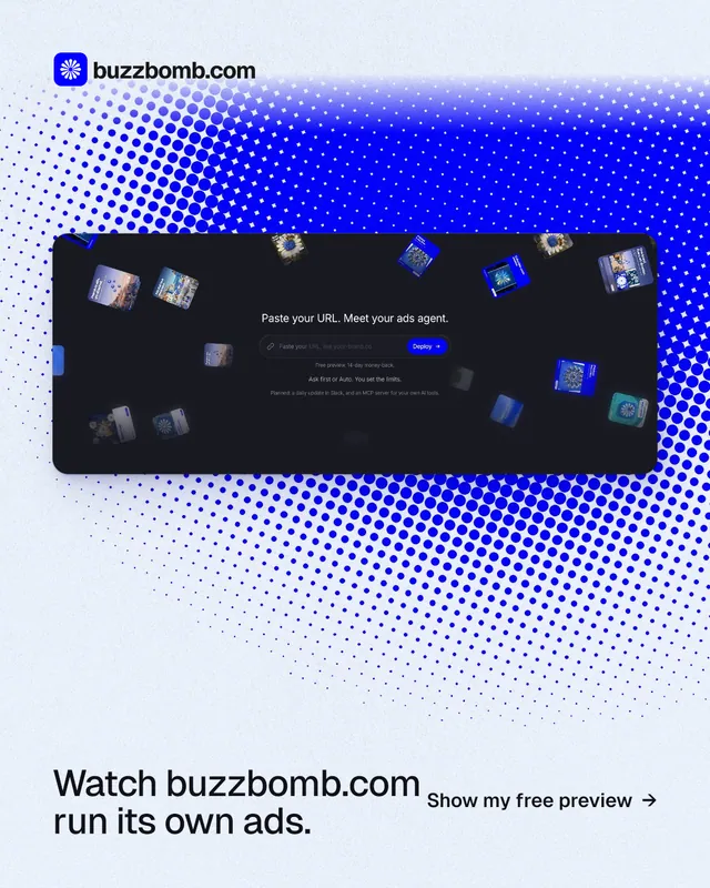 Instagram portrait post for BuzzBomb: "Watch buzzbomb.com run its own ads." Swiss style, image led layout, light palette in blue, white.