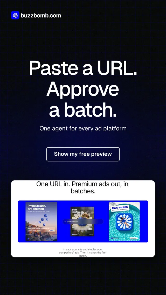 Instagram story for BuzzBomb: "Paste a URL. Approve a batch." Phosphor atlas style, centred layout, dark palette in black, blue.