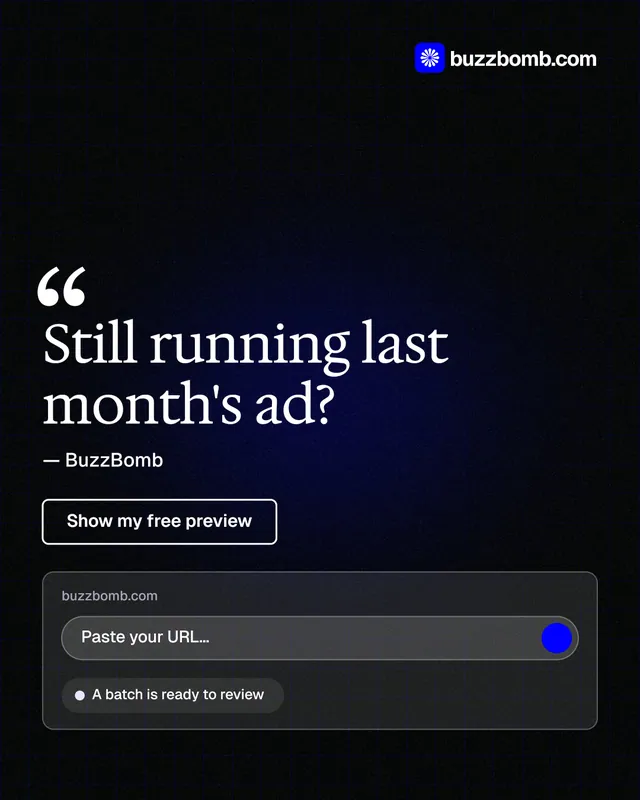 Instagram portrait post for BuzzBomb: "Still running last month's ad?" Phosphor atlas style, quote layout, dark palette in black, grey.