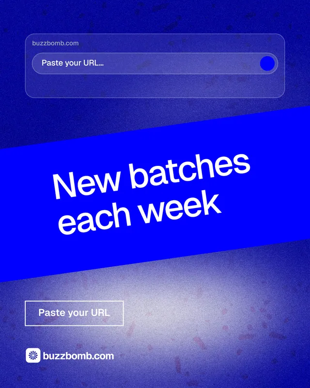 Instagram portrait post for BuzzBomb: "New batches each week". Cyanotype style, diagonal layout, dark palette in blue.