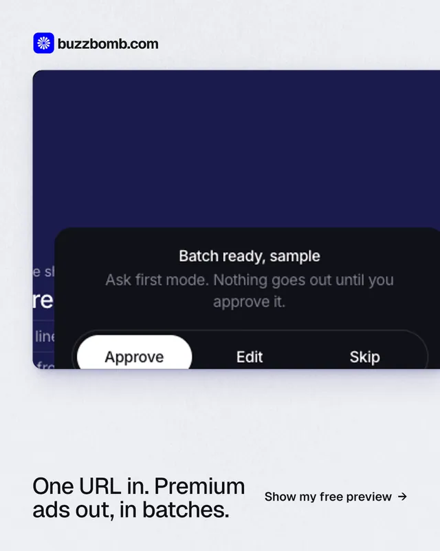 Instagram portrait post for BuzzBomb: "One URL in. Premium ads out, in batches." Swiss style, image led layout, light palette in white, blue, black.