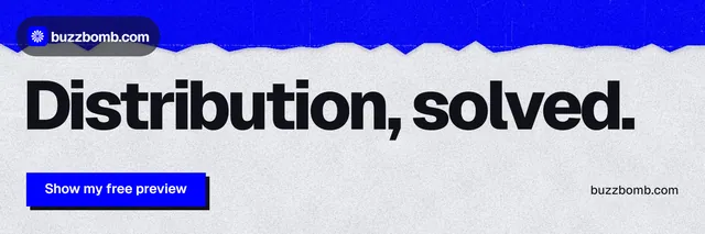 X header for BuzzBomb: "Distribution, solved." Paper trio style, poster layout, light palette in white, blue, grey.