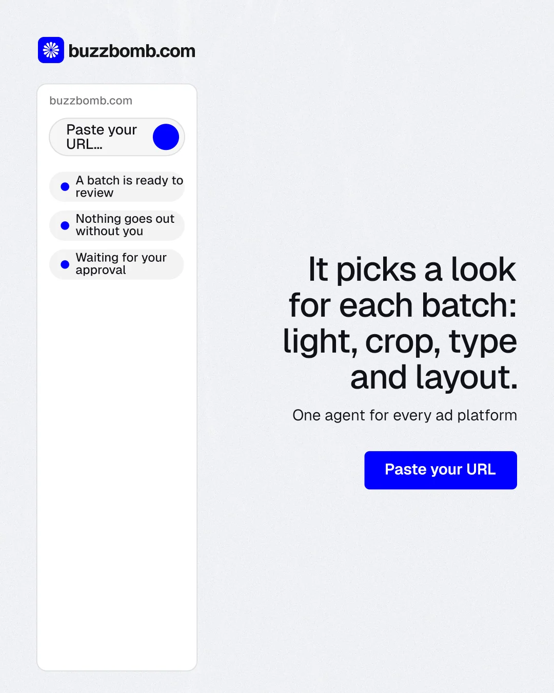 Instagram portrait post for BuzzBomb: "It picks a look for each batch: light, crop, type and layout." Data card style, right layout, light palette in white, blue.