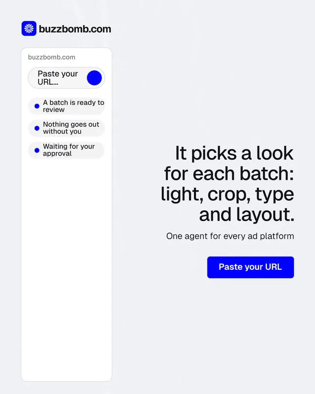 Instagram portrait post for BuzzBomb: "It picks a look for each batch: light, crop, type and layout." Data card style, right layout, light palette in white, blue.