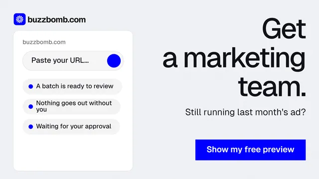 Landscape graphic for BuzzBomb: "Get a marketing team." Swiss style, right layout, light palette in white, blue.