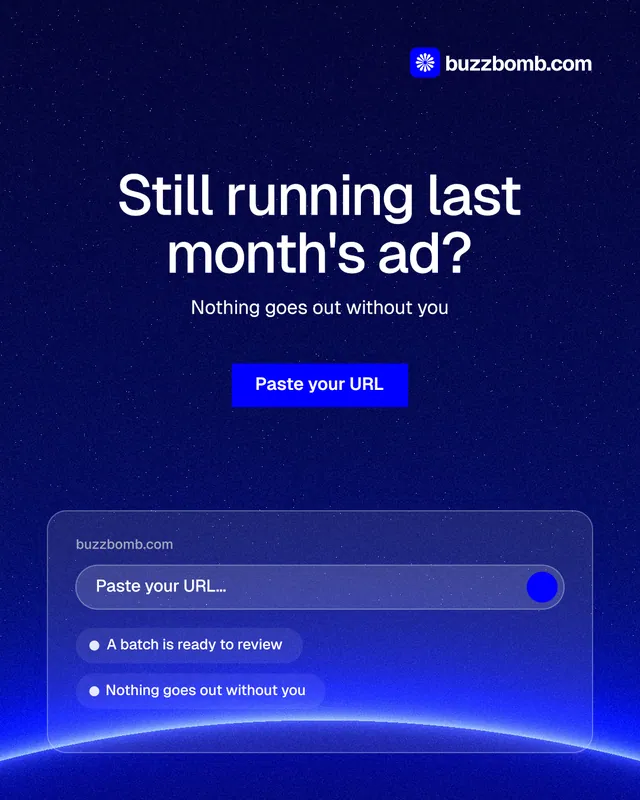 Instagram portrait post for BuzzBomb: "Still running last month's ad?" Swiss style, centred layout, dark palette in blue.
