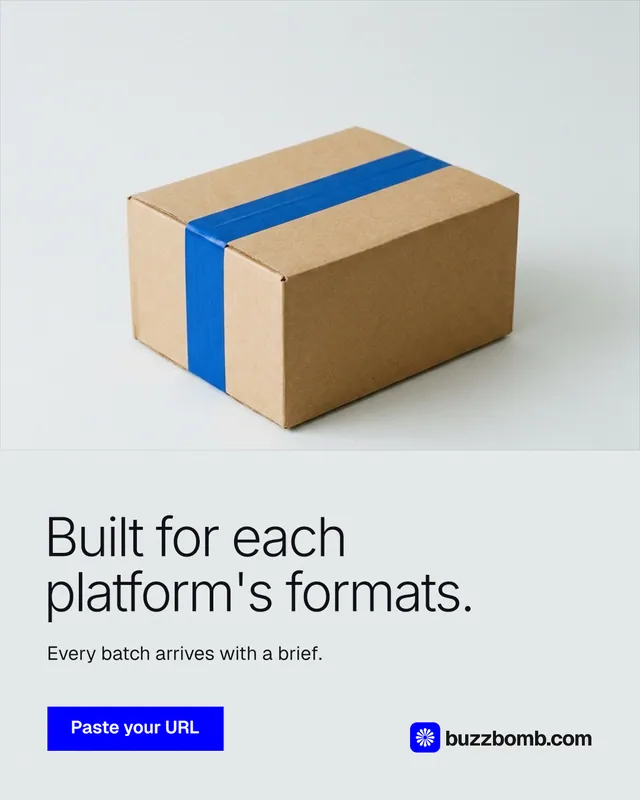 Instagram portrait post for BuzzBomb: "Built for each platform's formats." Swiss style, bottom layout, light palette in white, grey.